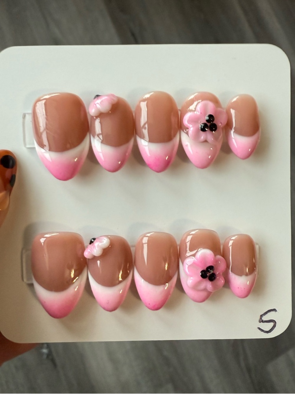 Pink Ombre French Press-On Nails with 3D Flower Accents